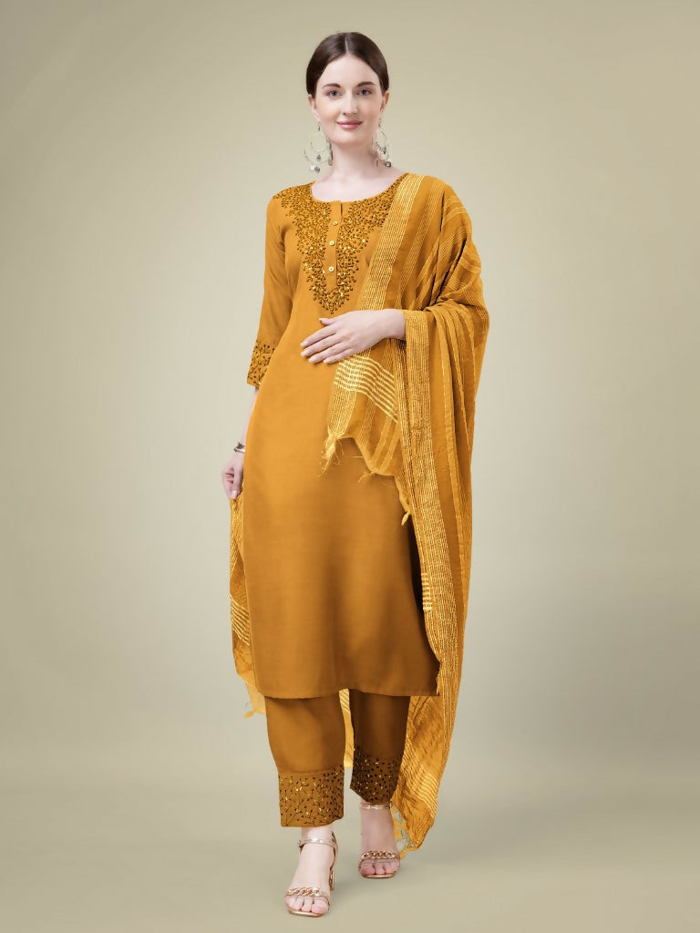 Jyoti Fashion Women's Mustard Cotton Blend Embroidery & Sequence work Kurta with Trouser & Dupatta | Swadesiicart