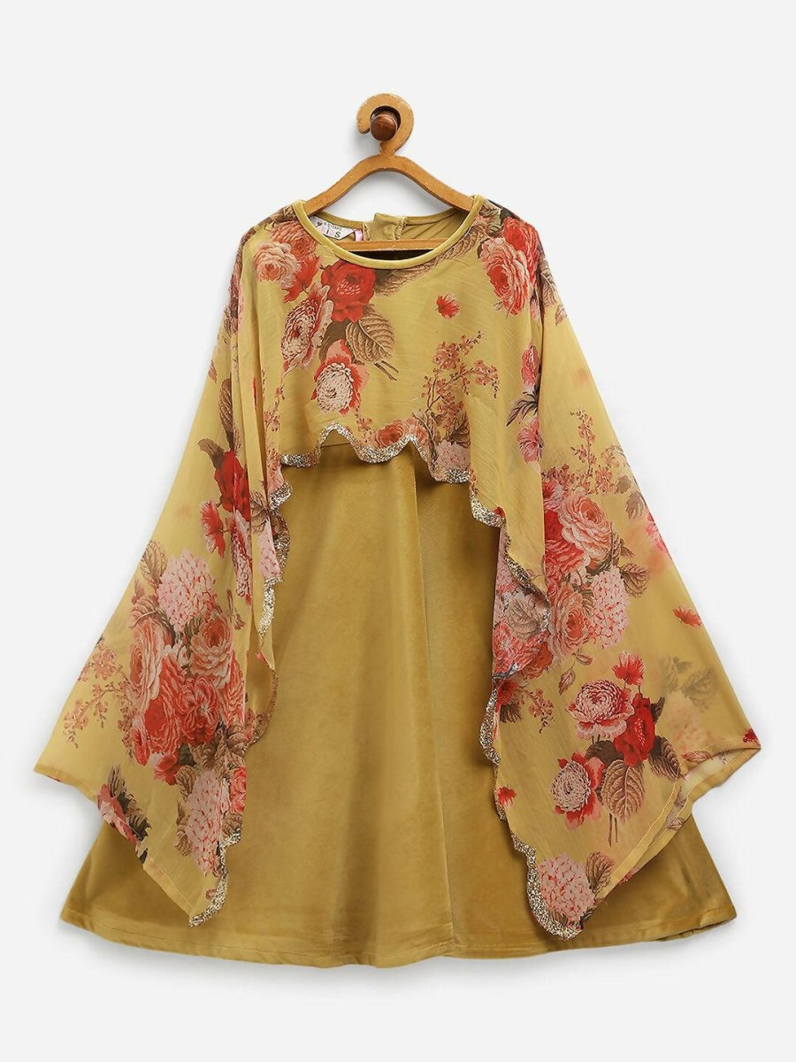 Ahalyaa Mustard Velvet Kids Dress With Attached Dupatta For Girls | Swadesiicart