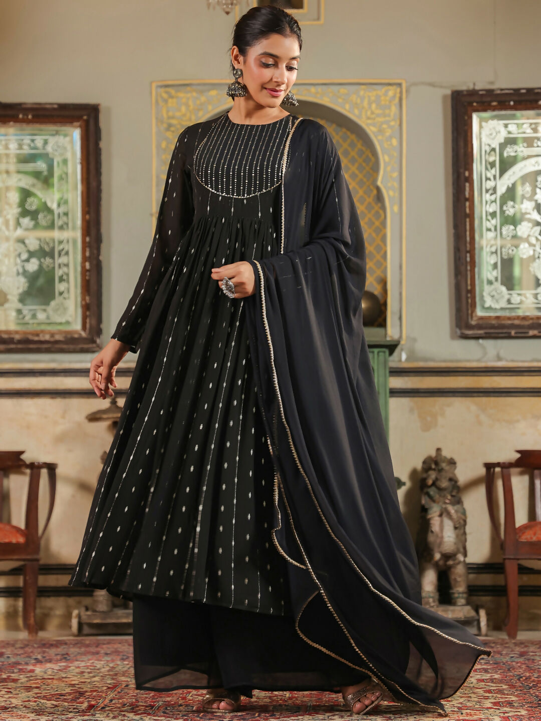 Janasya Black Georgette Foil Print Kurta,Bottom & Dupatta | Swadesiicart