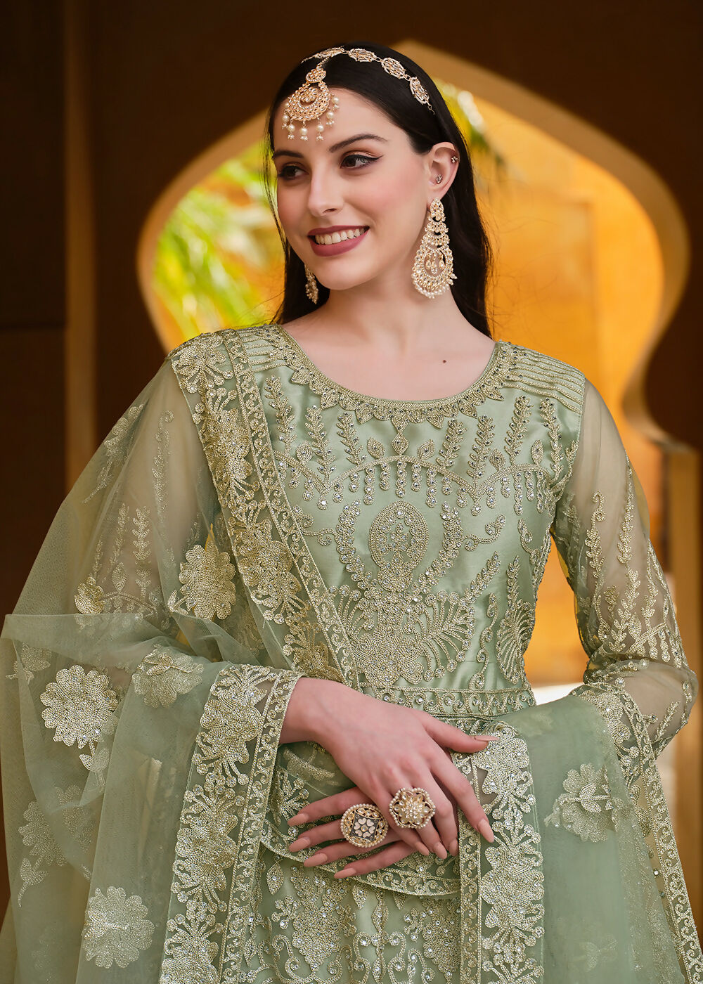 Pista Green Pure Butterfly Net Wedding Wear Anarkali Suit - Emponline | Swadesiicart