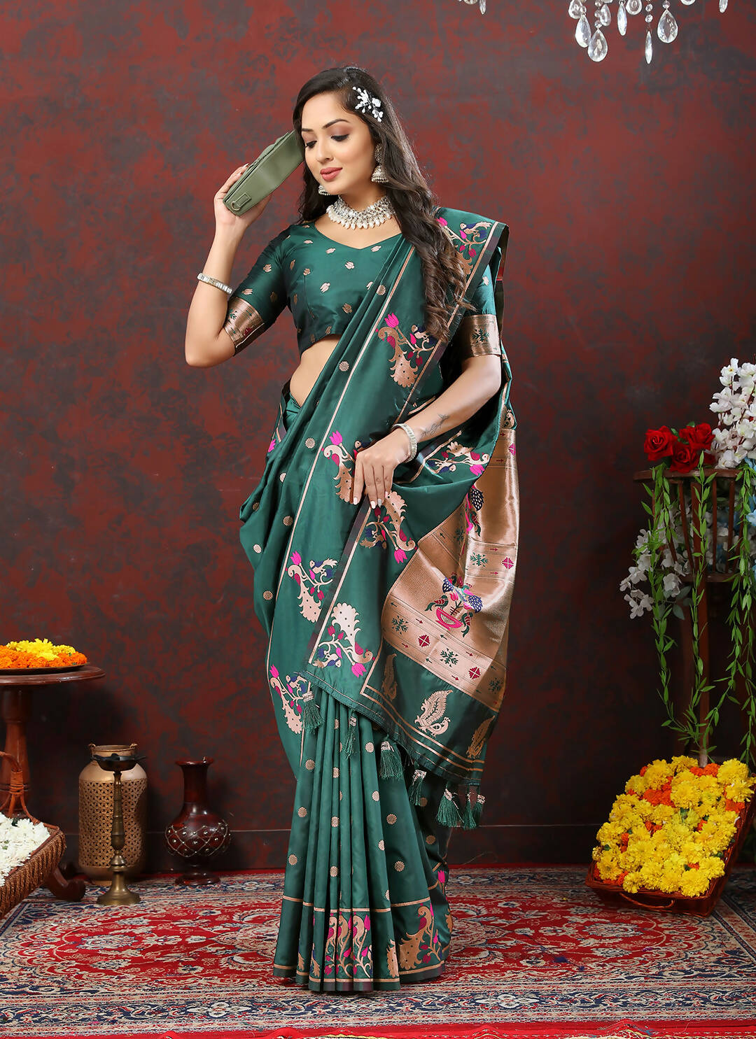 Lorenvalley Fashion Green Soft Paithani Silk Woven Design Copper Zari Meenakari Weaving Saree - Swadesiicart
