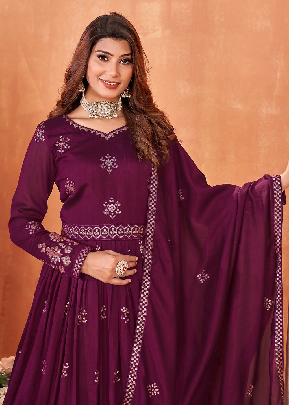 Wine Purple Festive Embroidered Art Silk Anarkali Suit - Emponline | Swadesiicart