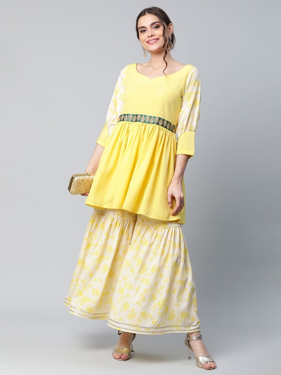 Ahalyaa Women Yellow Crepe Floral Short Kurta with Sharara Set | Swadesiicart