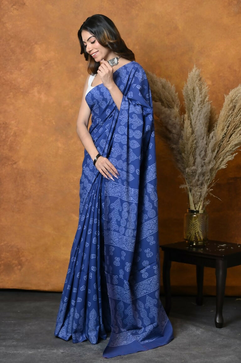 Very Much Indian Handblock Printed Cotton Saree With Natural Dyes - Indigo Blue | Swadesiicart