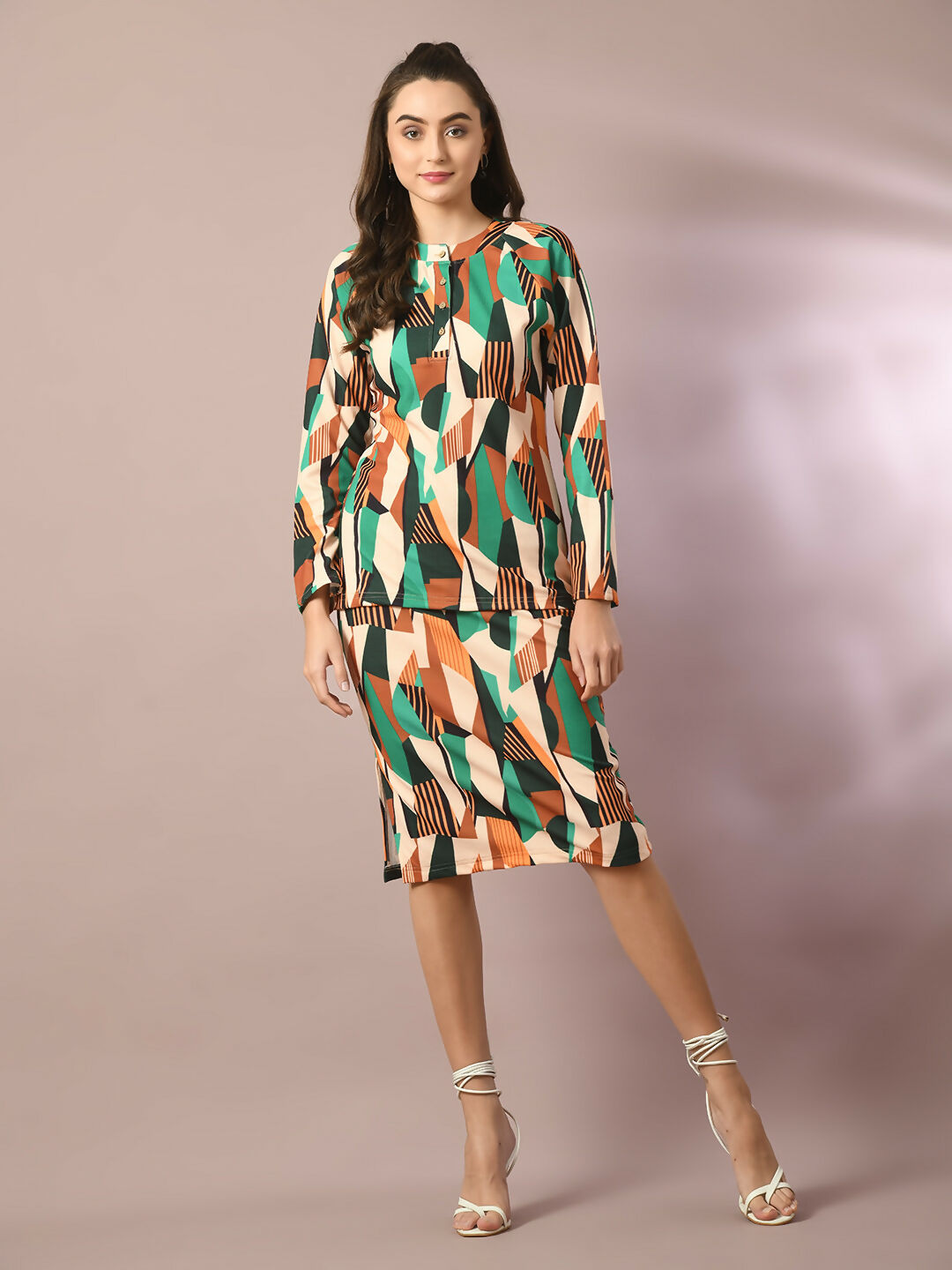 Myshka Women's Multi Printed Round Neck Party Top With Skirt Co-ord set - Swadesiicart