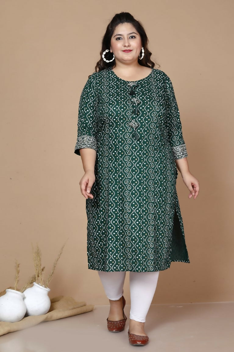 Miravan Women's Plus Size Rayon Bandhani Print Straight Kurta Green - Swadesiicart