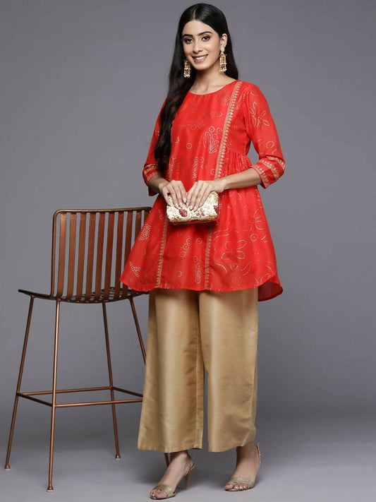 Ahalyaa Womens Red Colour Chanderi Printed Tunic | Swadesiicart