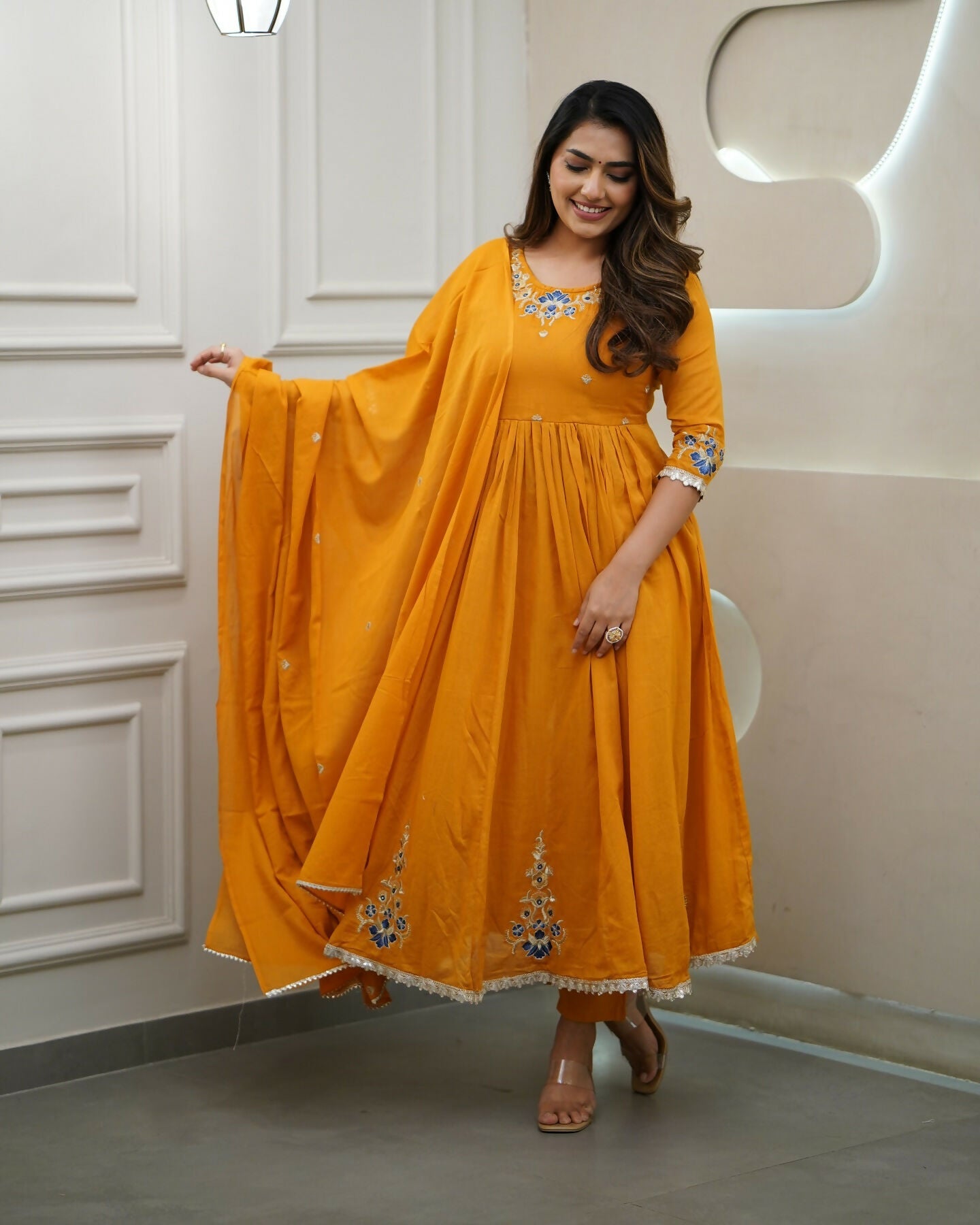 The52 Orange Women's Gorgeous Viscose Fabric Embroidered Work Flared Kurta Pant and Dupatta Set - Swadesiicart