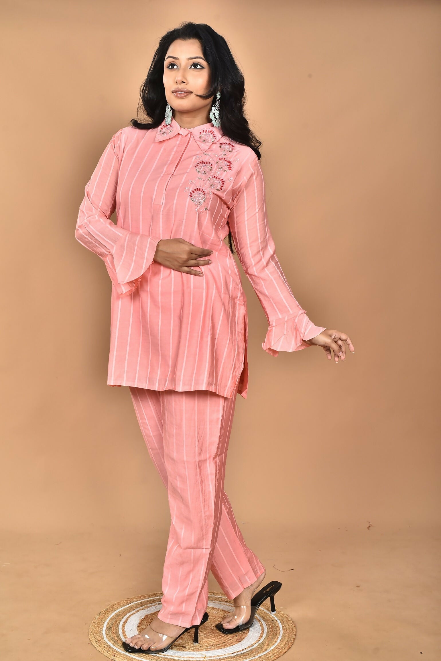 Morchari Women And Hand Embroidery Co-Ords-Peach - Swadesiicart