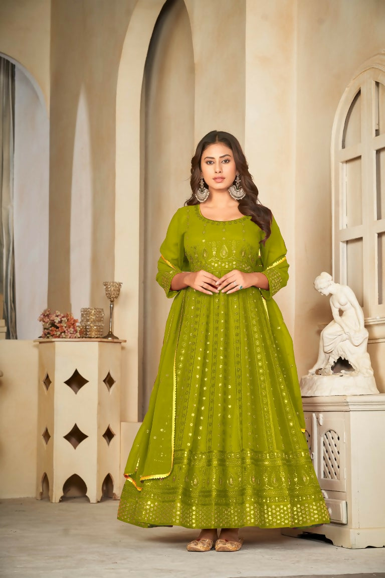Jyoti Fashion Women's Mehendi Georgette Embroidered Anarkali Kurta Pant Set With Dupatta | Swadesiicart