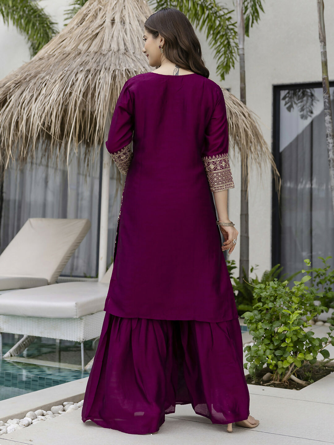 The52 Wine Beautiful Embroidered Vichitra Silk Fabric Straight Kurta, Palazzo and Dupatta Set - Swadesiicart