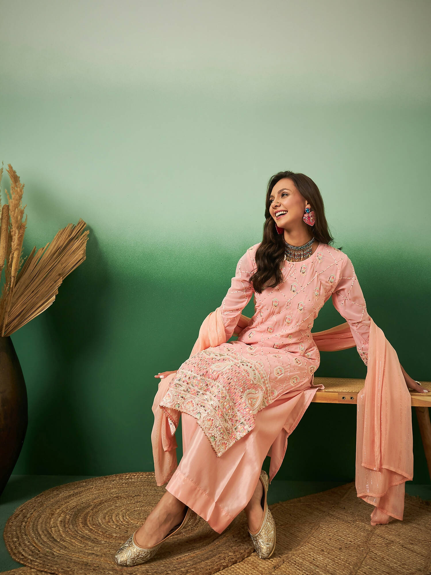 Peach Georgette Handwork Unstitched Dress Material - Hanika | Swadesiicart