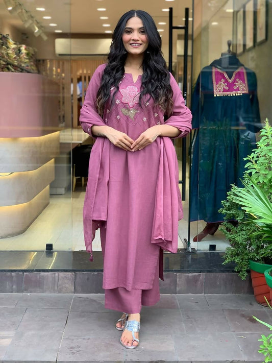 The52 Peach Women's Gorgeous Embroidered Cotton Fabric Straight Kurta Pant with Dupatta Set - Swadesiicart