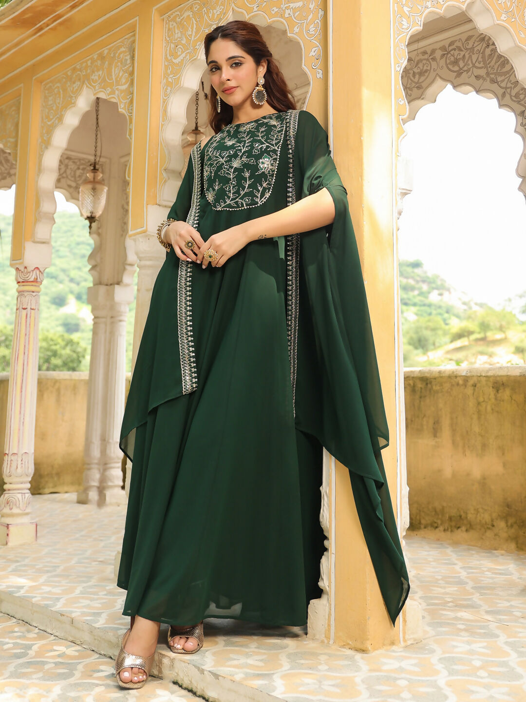 Janasya Dark Green Georgette Embroidered Dress & Jacket | Swadesiicart
