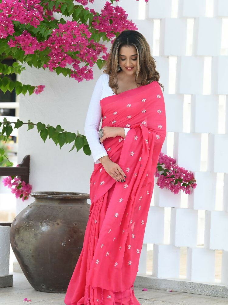 Beatitude Pink Khadi Floral Embroidered Saree