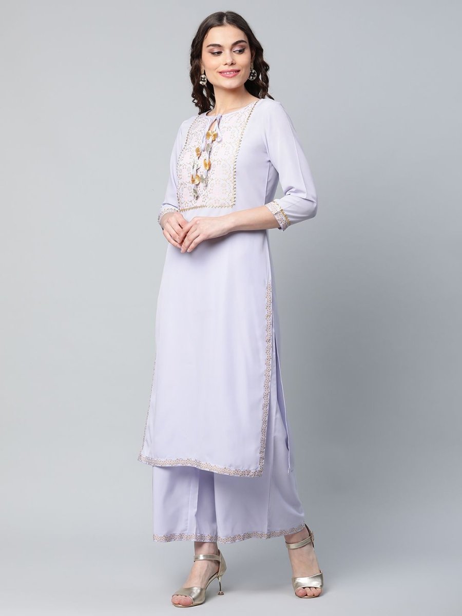 Ahalyaa Women's Powder Blue Crepe Gold Printed Kurta Palazzo Set | Swadesiicart