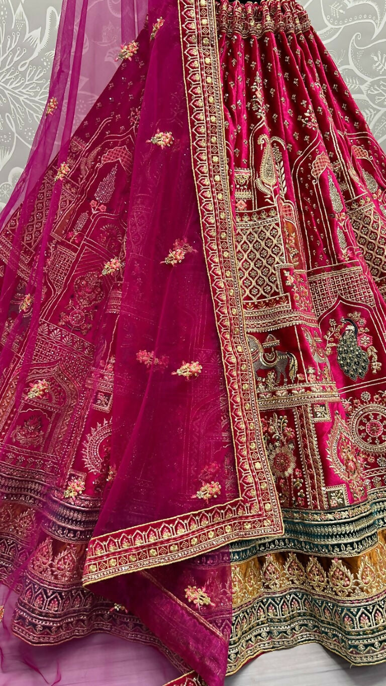 Jyoti Fashion Women's Rani Pink Velvet Fancy Dori & Sequins with Multi Thread Embroidered with Diamond Work Wedding Lehenga Choli | Swadesiicart