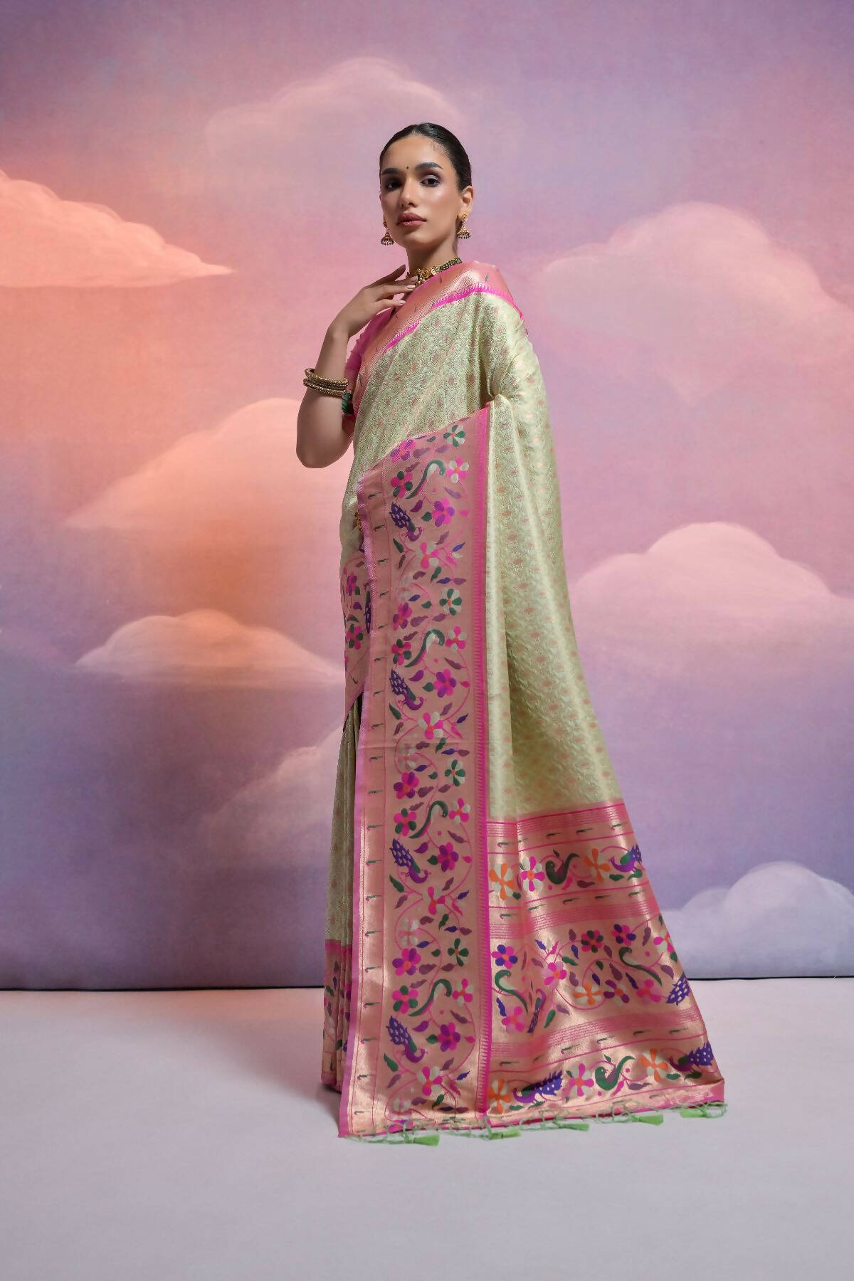 Vishnu Weaves Women's Pista Paithani Silk Zari Woven Saree with Blouse - Swadesiicart