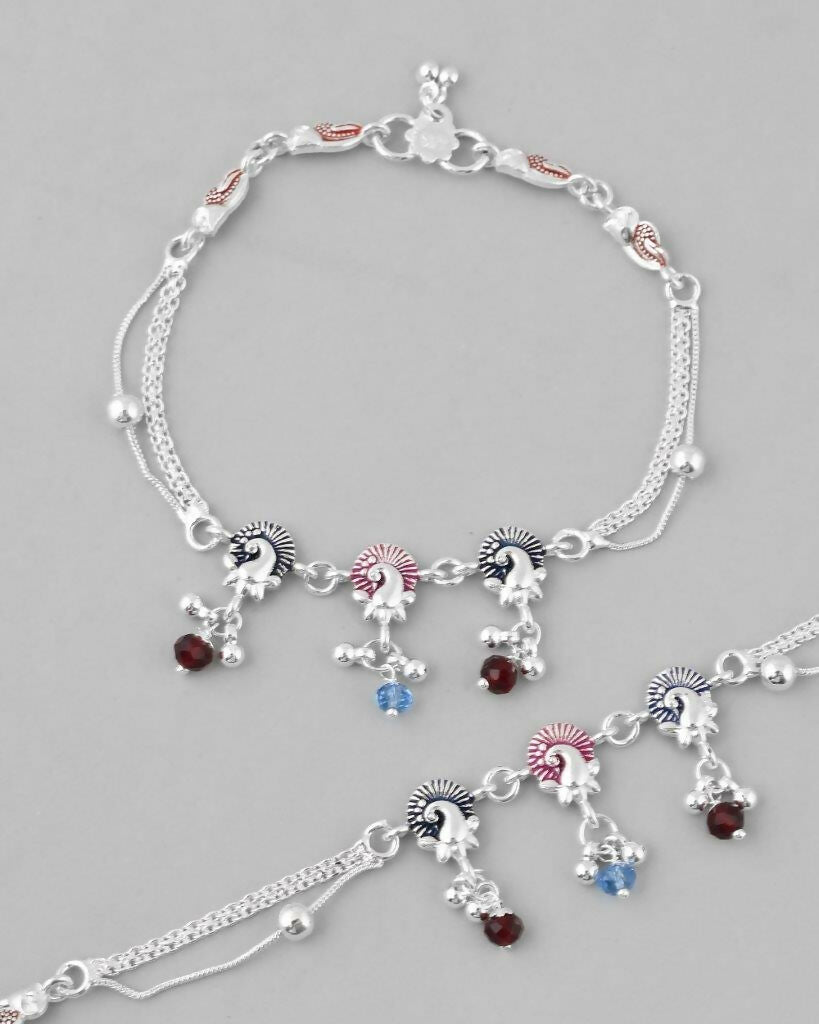 VOJ Set of 2 Silver Plated Peacock Shaped Multi Color Anklet - Swadesiicart