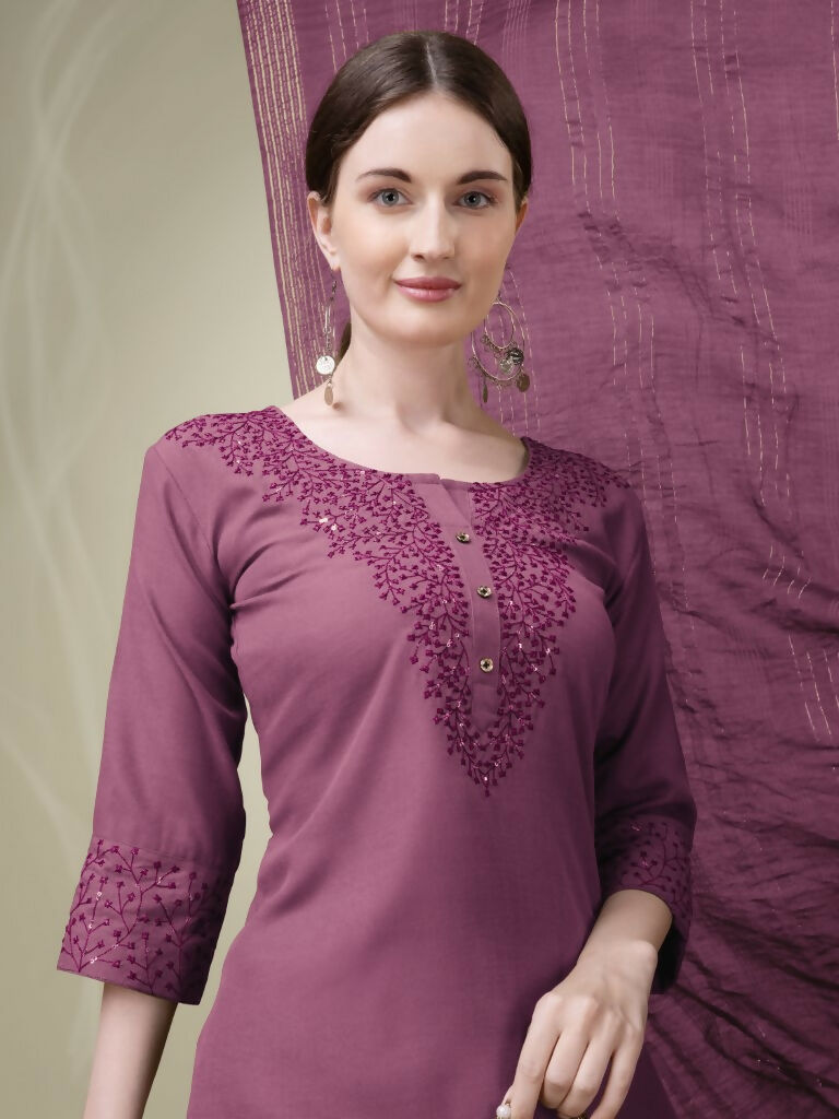 Jyoti Fashion Women's Onion Cotton Blend Embroidery & Sequence work Kurta with Trouser & Dupatta | Swadesiicart
