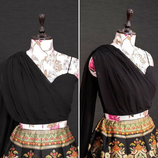 Black Banarasi Silk Lehenga Choli for Women, Ready to Wear Stitched Lengha Choli for Party by Infinity Export | Swadesiicart