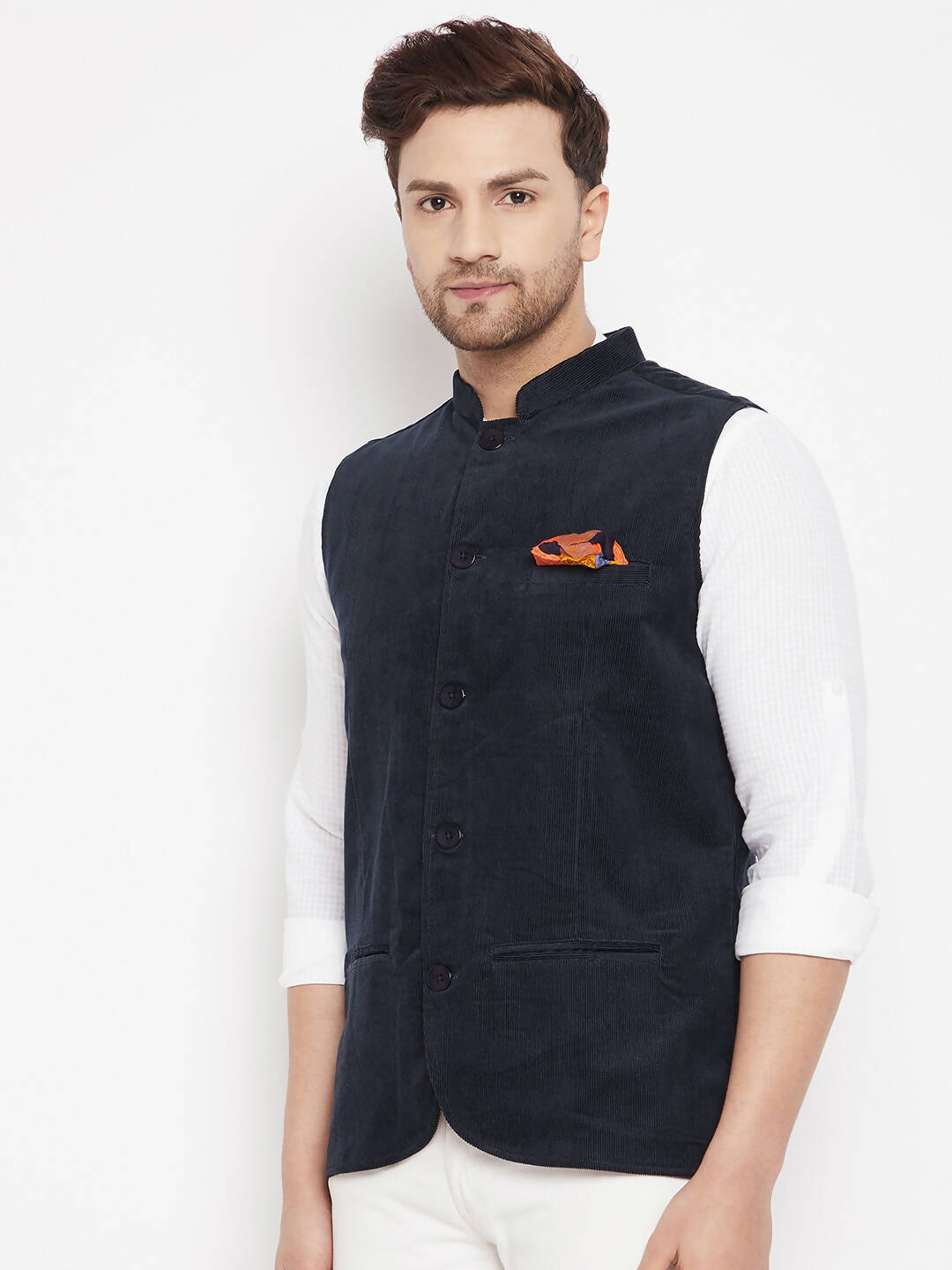 Even Apparels Navy Polyester Men's Nehru Jacket-Contrast Lining-Inbuilt Pocket Square | Swadesiicart