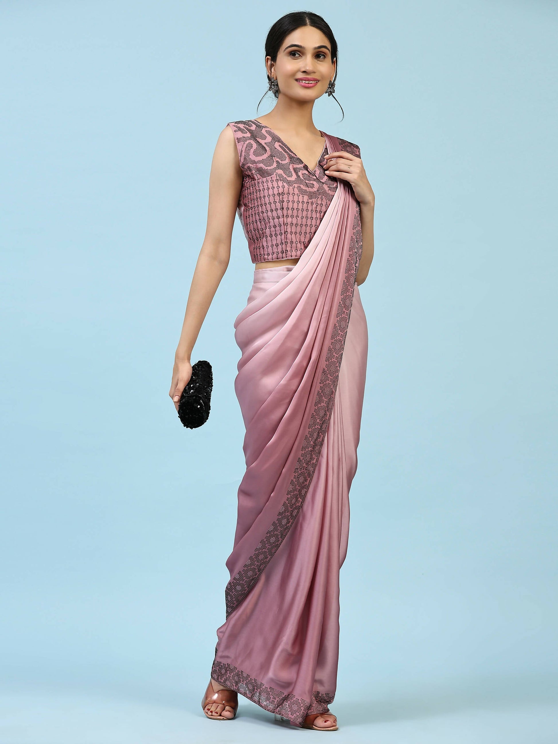 Purple Ombre Satin Georgette Plain Ready to wear Saree with stitched Blouse - Vrinda | Swadesiicart