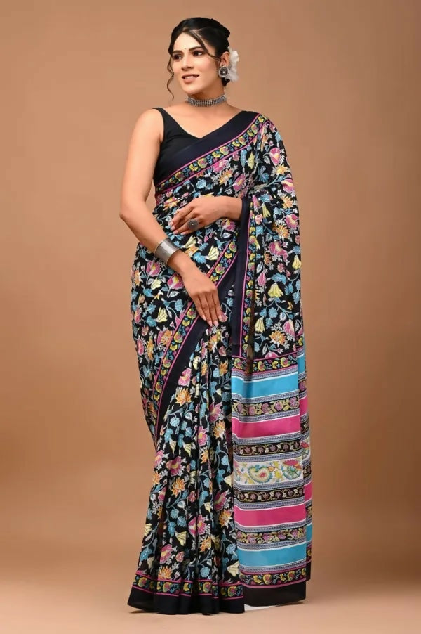 Exclusive Collection Black Multi Beautiful Mulmul Cotton Saree - Swadesiicart