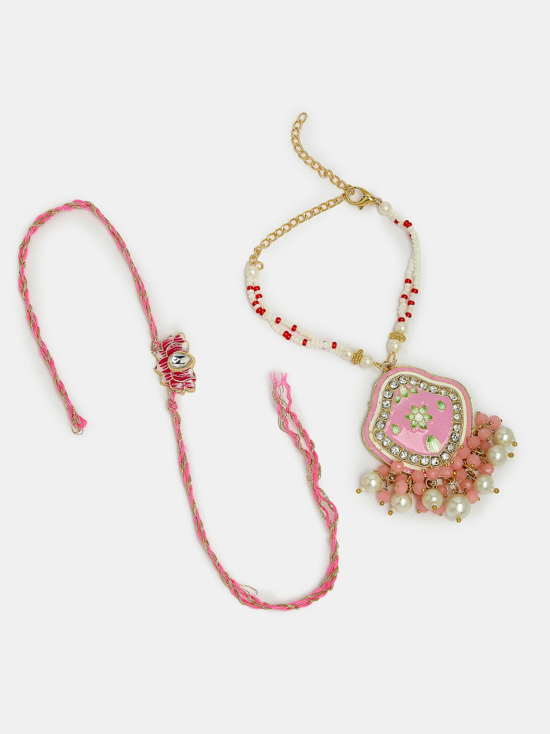 NVR Women & Men Set of 2 Pink Lotus Shape Kundan Stone-Studded & Beaded Bhaiya Bhabhi Rakhi With Roli Chawal | Swadesiicart