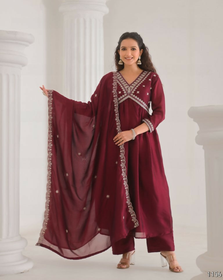 Ethnic Festive Wear Vichitra Silk Wine Stitched Suit With Dupatta - Tanisha | Swadesiicart
