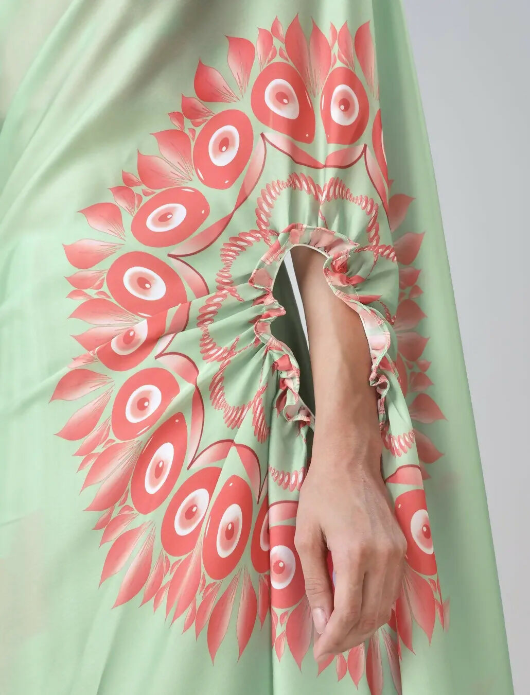 Vastranavya Mint Green & Coral Mandala Print Free Hand Ready to Wear Saree | Swadesiicart
