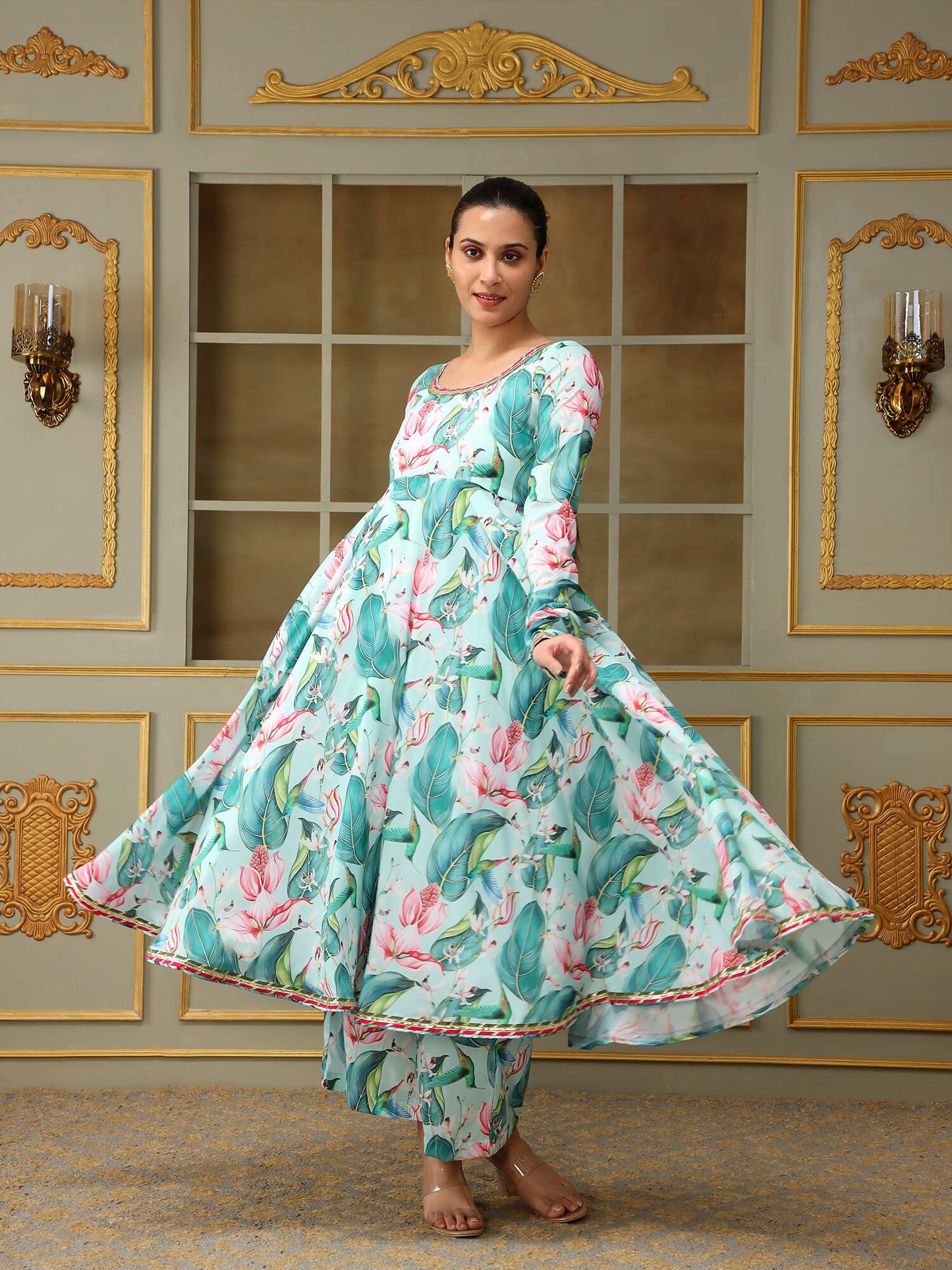 Pomcha Jaipur Blue Saadgi Palm Leaf Anarkali Set | Swadesiicart