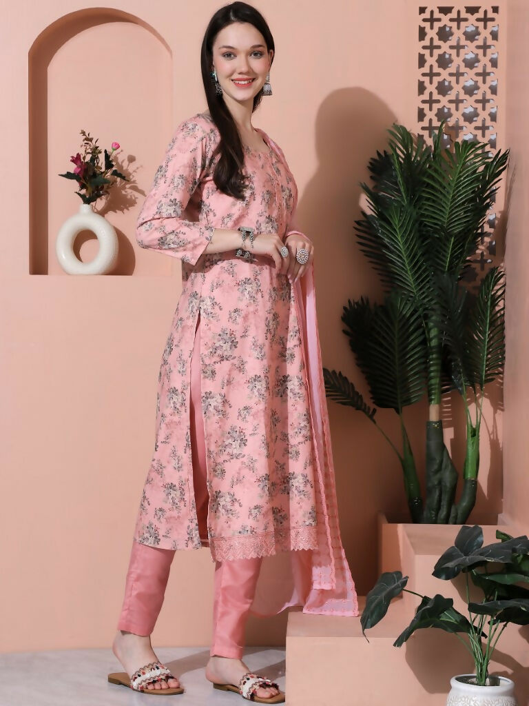 Jyoti Fashion Women's Pink Cotton Floral Digital Printed Kurta with Trouser & Dupatta | Swadesiicart
