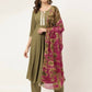 FIORRA Women's Olive Poly Crepe A-Line Kurta Pant With Dupatta - Swadesiicart