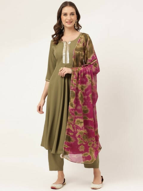 FIORRA Women's Olive Poly Crepe A-Line Kurta Pant With Dupatta - Swadesiicart