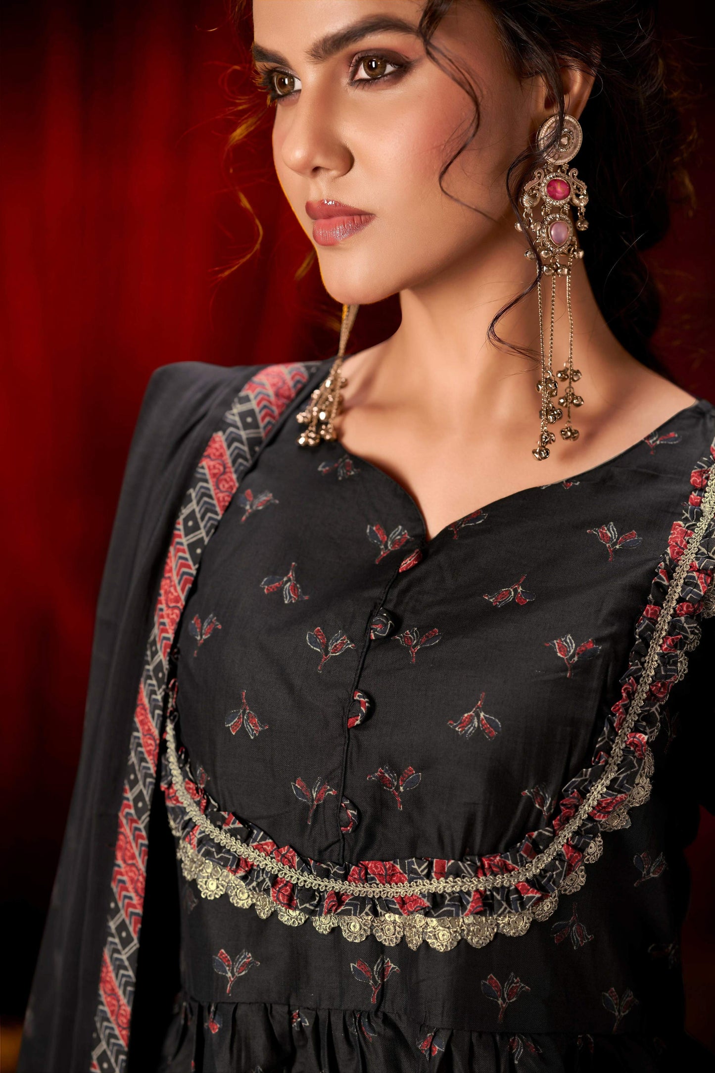 BulBul Black Ajrakh Print Chanderi Silk Kurta Set with Dupatta - Swadesiicart