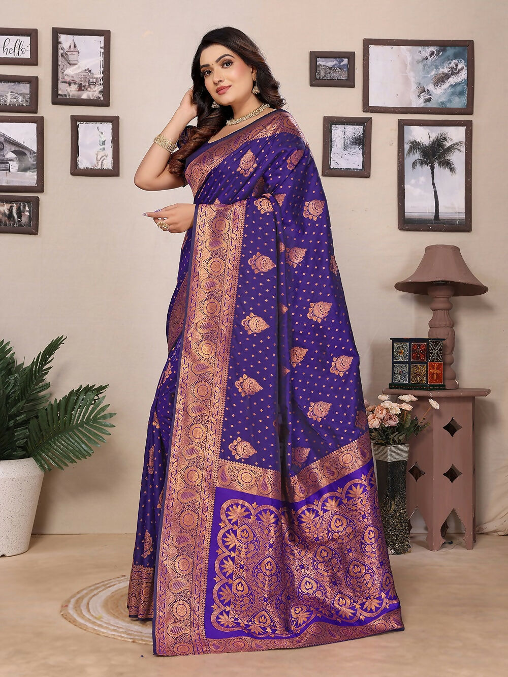 Joban Fashion Banarasi Navy Blue Woven Soft Silk Saree | Swadesiicart