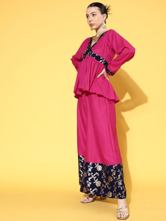 InWeave Women's Fuchsia Blue Brocade Mughal Shaan Kurta Palazzo Set - Swadesiicart
