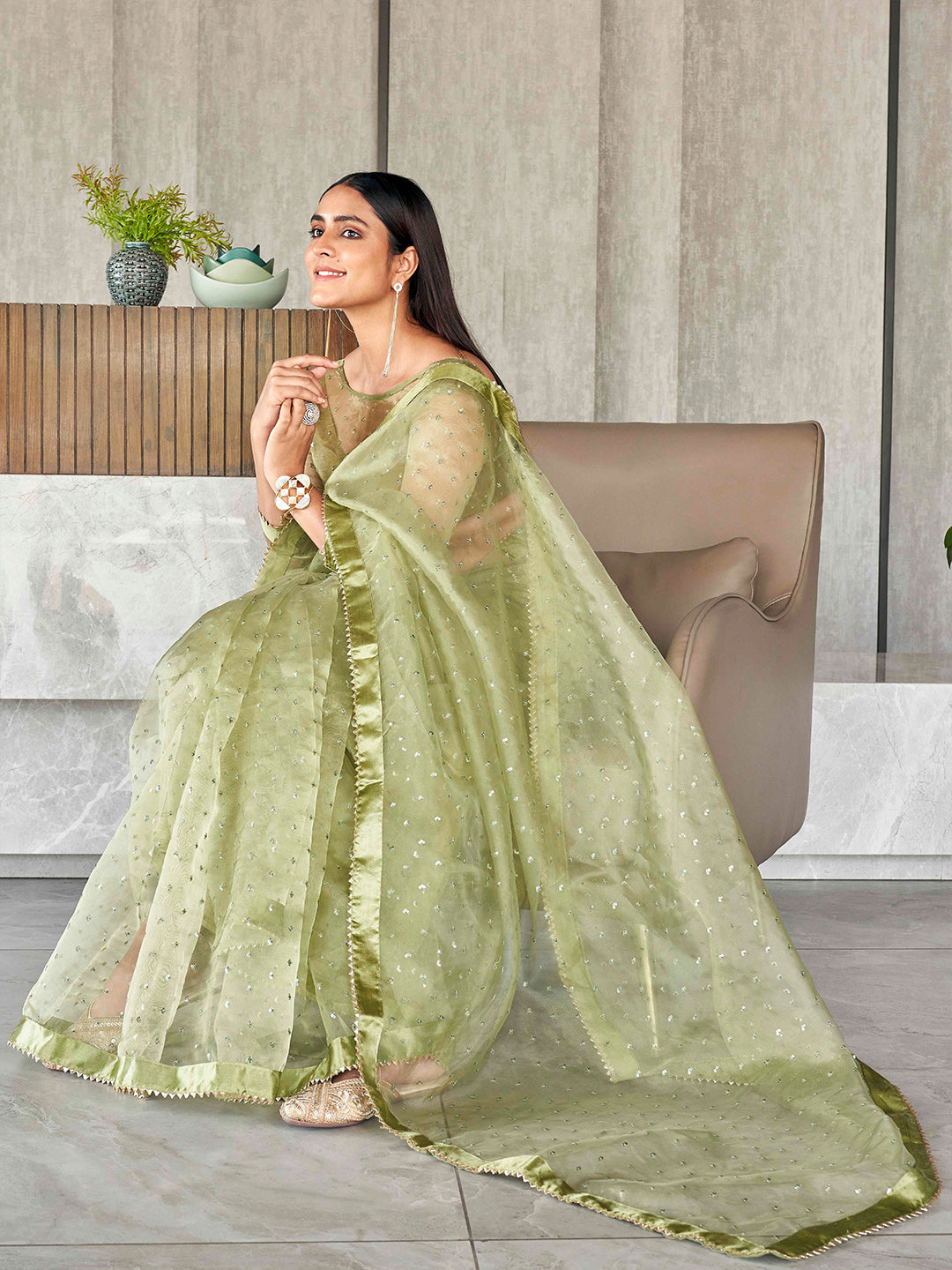 Tikhi Imli Sequinned Organza Saree | Swadesiicart