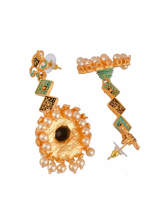 Shoshaa Gold-Toned & Green Contemporary Jhumkas Earrings | Swadesiicart
