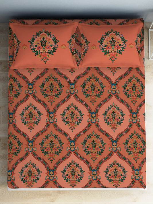 SPACES Aurum Peach Ethnic Motifs Pure Cotton 140 TC Queen Bedsheet with 2 Pillow Covers - Swadesiicart