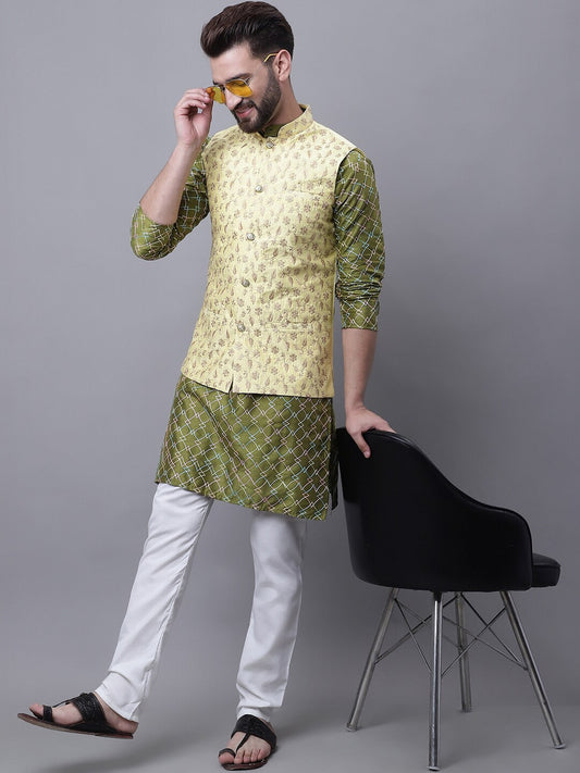 Sojanya Men Embroidered Regular Thread Work Kurta With Pyjamas & Nehru Jacket | Swadesiicart