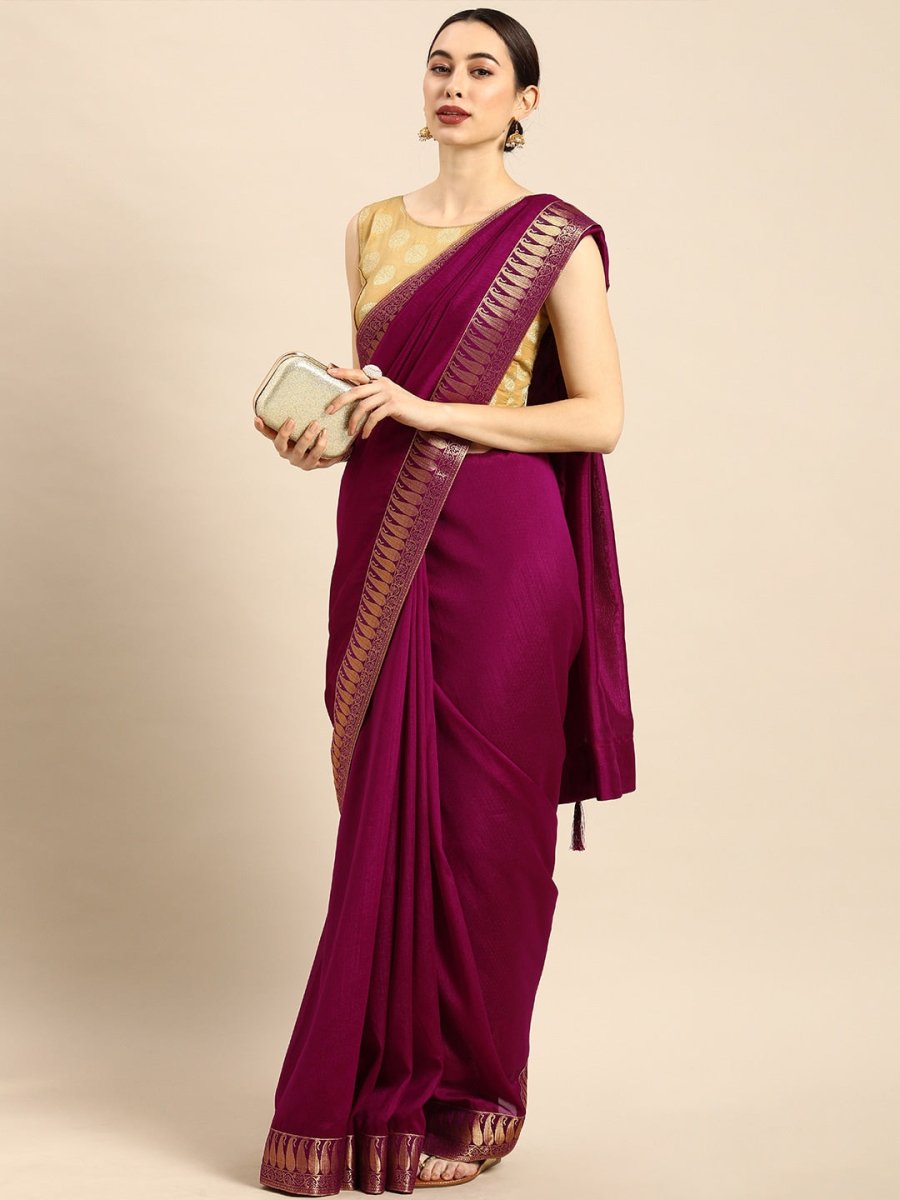 Anouk Purple Cotton Blend Solid Banarasi Saree | Swadesiicart