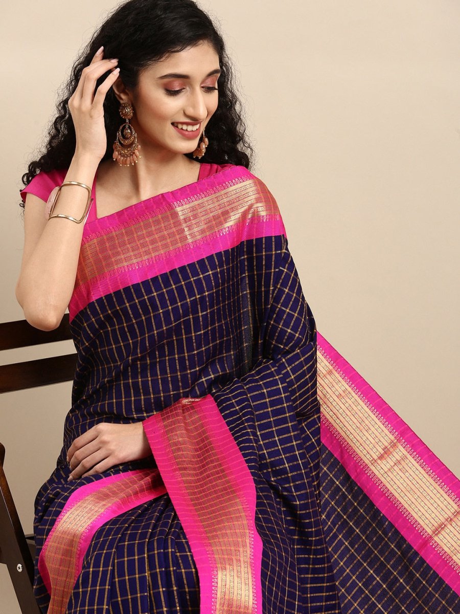 Anouk Navy Blue & Fuchsia Woven Design Pure Silk Banarasi Saree | Swadesiicart