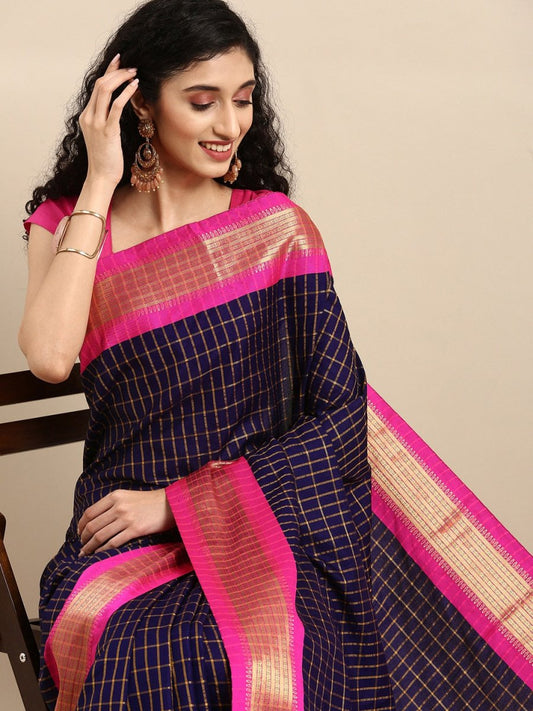 Anouk Navy Blue & Fuchsia Woven Design Pure Silk Banarasi Saree | Swadesiicart