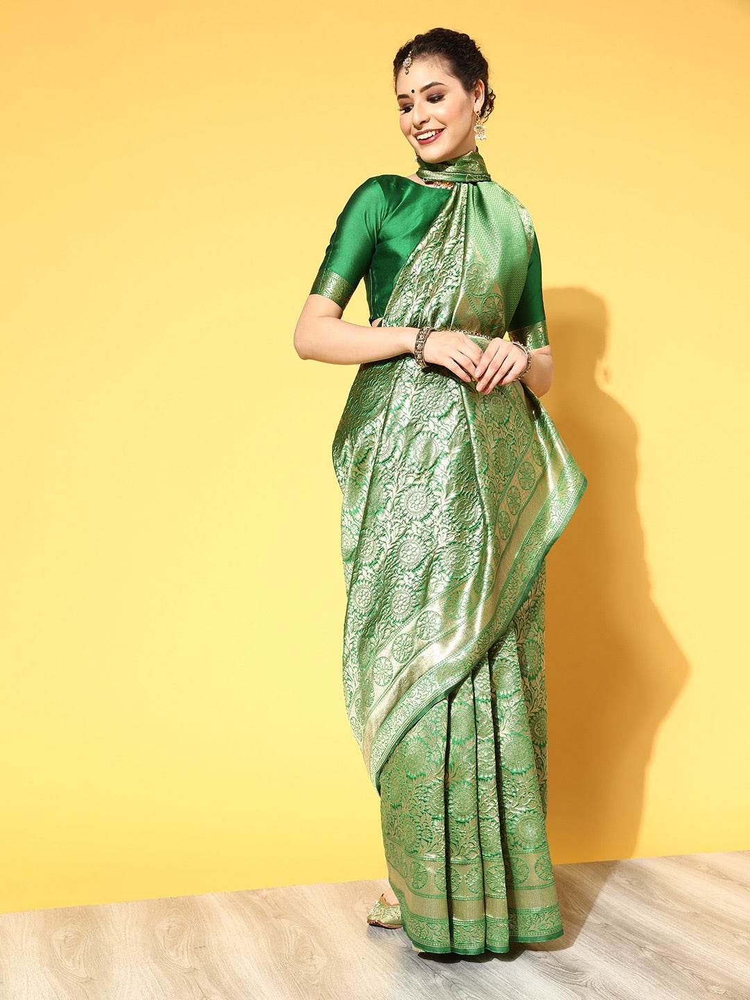 Saree Mall Green & Golden Woven Design Banarasi Saree | Swadesiicart