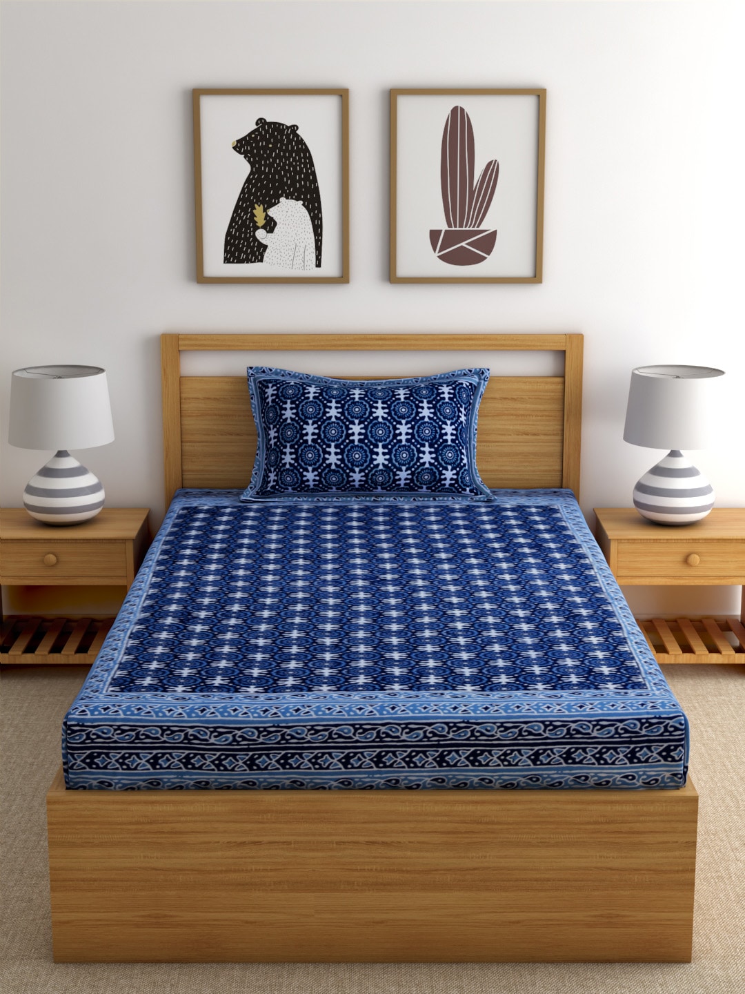 Rajasthan Decor Navy Blue Block Print 144 TC Cotton 1 Single Bedsheet with 2 Pillow Covers - Swadesiicart