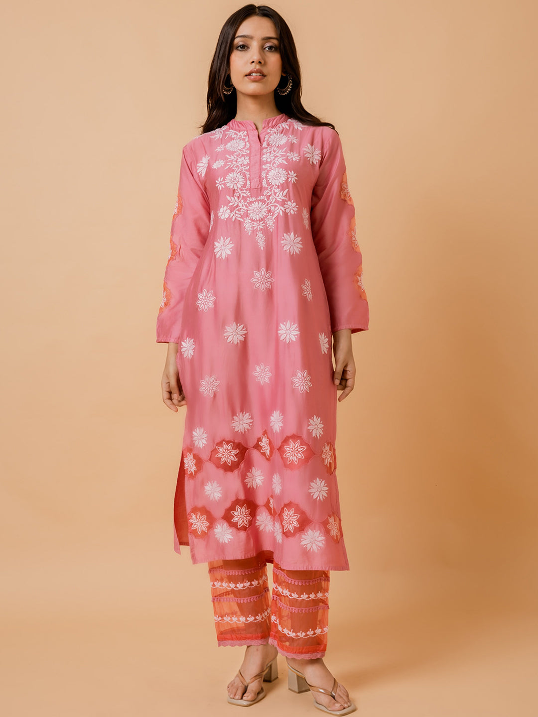 HOUSE OF KARI Ethnic Motifs Embroidered Chikankari Straight Chanderi Silk Kurta | Swadesiicart