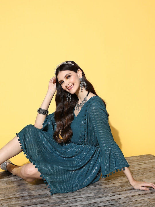 InWeave Teal Lurex Dress With Lace - Swadesiicart
