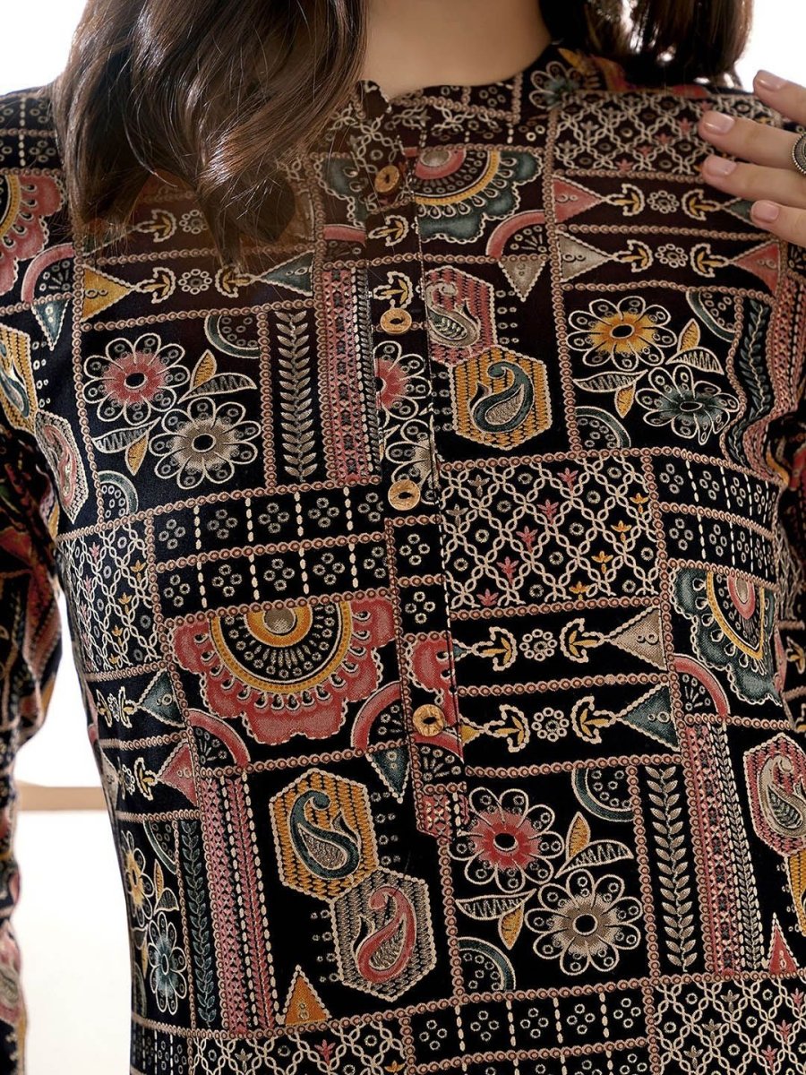 Anouk Black Ethnic Motifs Printed Mandarin Collar Kurta - Swadesiicart